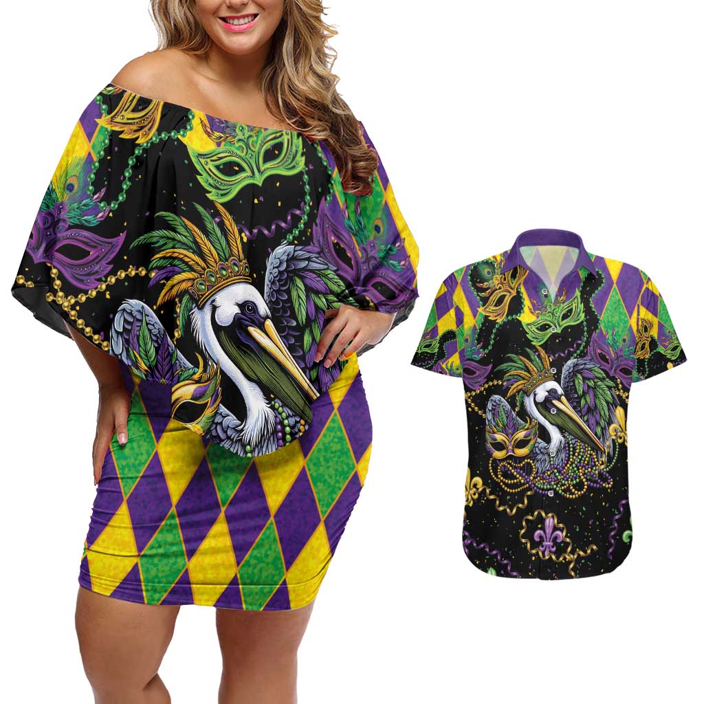 Mardi Gras Pelican Couples Matching Off Shoulder Short Dress and Hawaiian Shirt On Tuesdays We Wear Beads - Wonder Print Shop