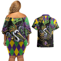 Mardi Gras Pelican Couples Matching Off Shoulder Short Dress and Hawaiian Shirt On Tuesdays We Wear Beads - Wonder Print Shop