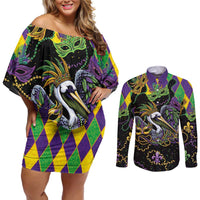 Mardi Gras Pelican Couples Matching Off Shoulder Short Dress and Long Sleeve Button Shirt On Tuesdays We Wear Beads - Wonder Print Shop