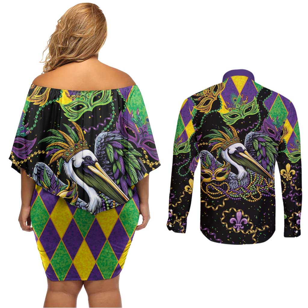 Mardi Gras Pelican Couples Matching Off Shoulder Short Dress and Long Sleeve Button Shirt On Tuesdays We Wear Beads - Wonder Print Shop