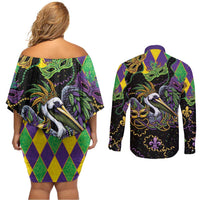 Mardi Gras Pelican Couples Matching Off Shoulder Short Dress and Long Sleeve Button Shirt On Tuesdays We Wear Beads - Wonder Print Shop