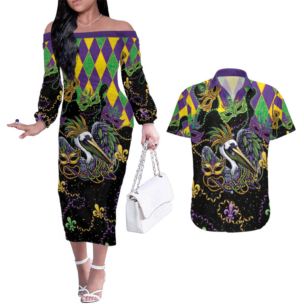 Mardi Gras Pelican Couples Matching Off The Shoulder Long Sleeve Dress and Hawaiian Shirt On Tuesdays We Wear Beads - Wonder Print Shop
