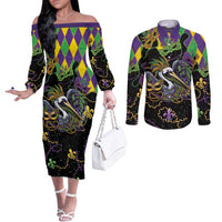 Mardi Gras Pelican Couples Matching Off The Shoulder Long Sleeve Dress and Long Sleeve Button Shirt On Tuesdays We Wear Beads - Wonder Print Shop