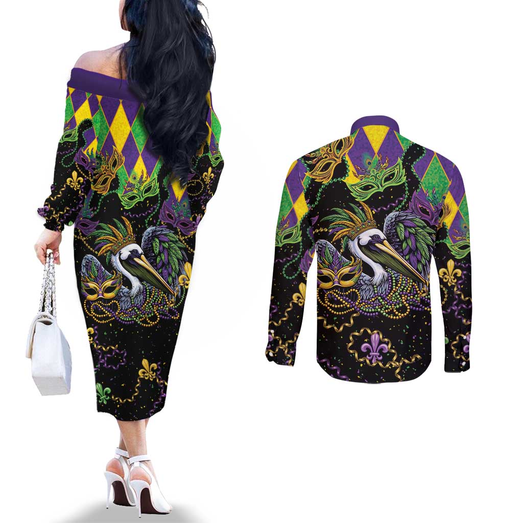 Mardi Gras Pelican Couples Matching Off The Shoulder Long Sleeve Dress and Long Sleeve Button Shirt On Tuesdays We Wear Beads - Wonder Print Shop
