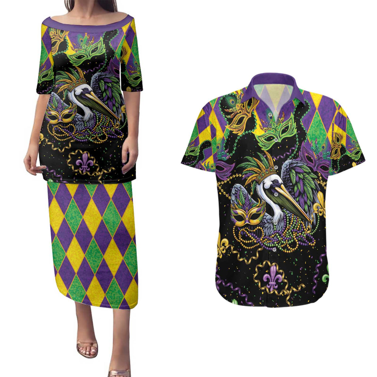Mardi Gras Pelican Couples Matching Puletasi and Hawaiian Shirt On Tuesdays We Wear Beads - Wonder Print Shop