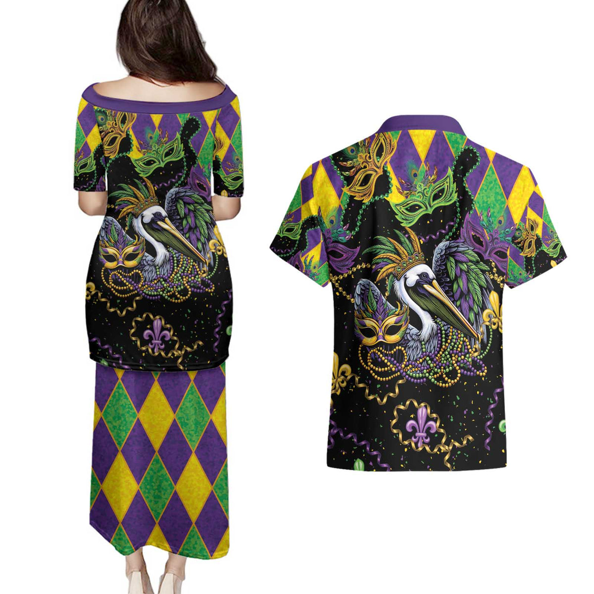 Mardi Gras Pelican Couples Matching Puletasi and Hawaiian Shirt On Tuesdays We Wear Beads - Wonder Print Shop