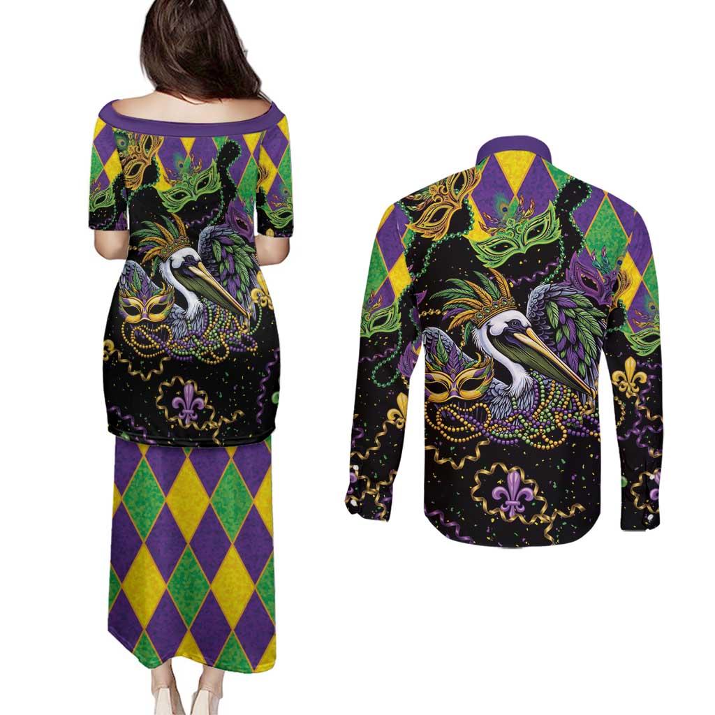 Mardi Gras Pelican Couples Matching Puletasi and Long Sleeve Button Shirt On Tuesdays We Wear Beads - Wonder Print Shop