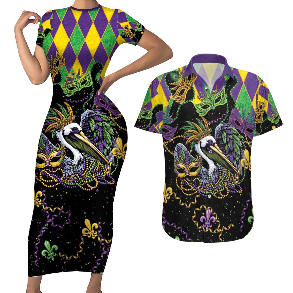 Mardi Gras Pelican Couples Matching Short Sleeve Bodycon Dress and Hawaiian Shirt On Tuesdays We Wear Beads - Wonder Print Shop