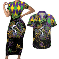Mardi Gras Pelican Couples Matching Short Sleeve Bodycon Dress and Hawaiian Shirt On Tuesdays We Wear Beads - Wonder Print Shop