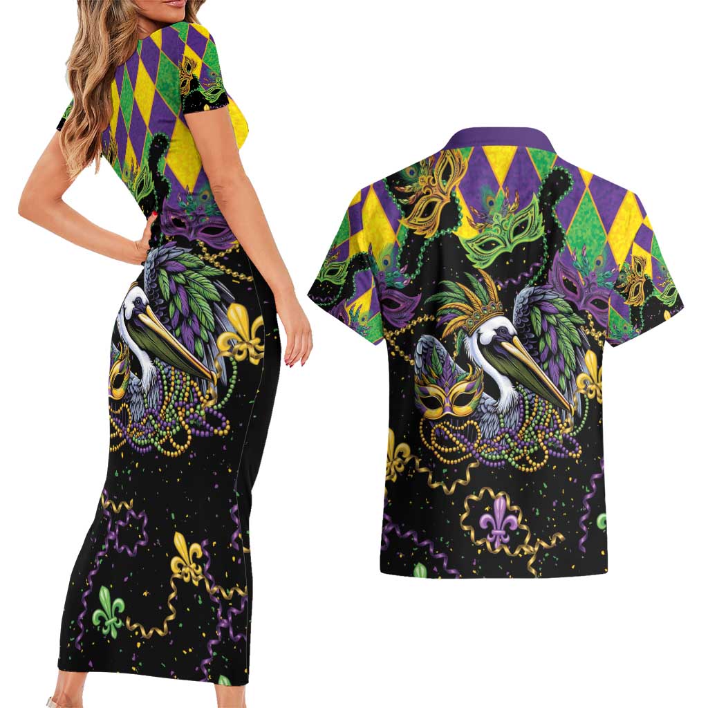 Mardi Gras Pelican Couples Matching Short Sleeve Bodycon Dress and Hawaiian Shirt On Tuesdays We Wear Beads - Wonder Print Shop