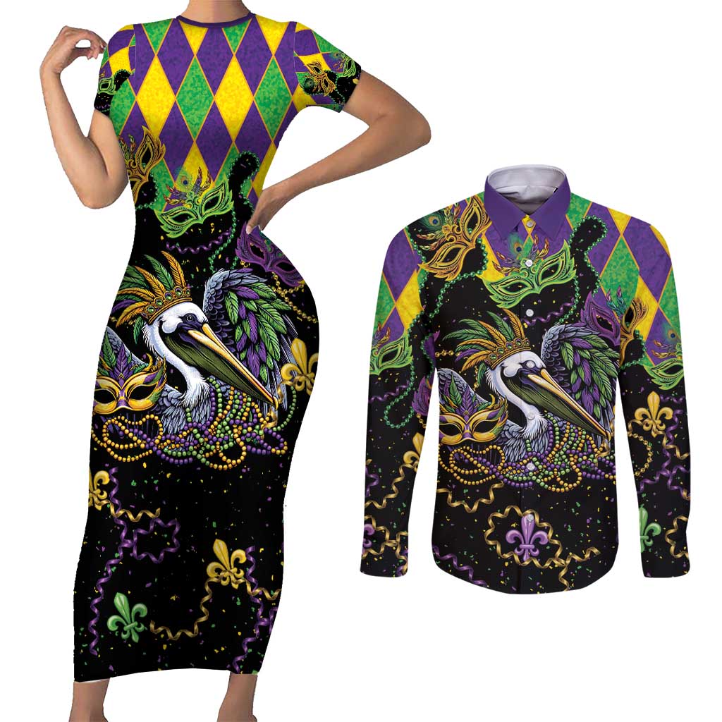 Mardi Gras Pelican Couples Matching Short Sleeve Bodycon Dress and Long Sleeve Button Shirt On Tuesdays We Wear Beads - Wonder Print Shop