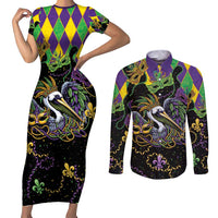 Mardi Gras Pelican Couples Matching Short Sleeve Bodycon Dress and Long Sleeve Button Shirt On Tuesdays We Wear Beads - Wonder Print Shop