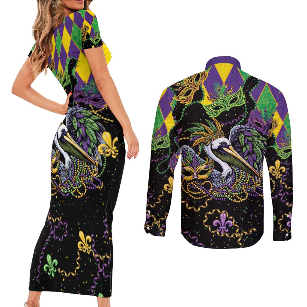 Mardi Gras Pelican Couples Matching Short Sleeve Bodycon Dress and Long Sleeve Button Shirt On Tuesdays We Wear Beads - Wonder Print Shop