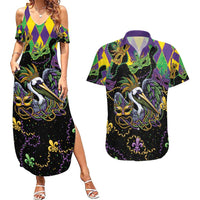 Mardi Gras Pelican Couples Matching Summer Maxi Dress and Hawaiian Shirt On Tuesdays We Wear Beads - Wonder Print Shop