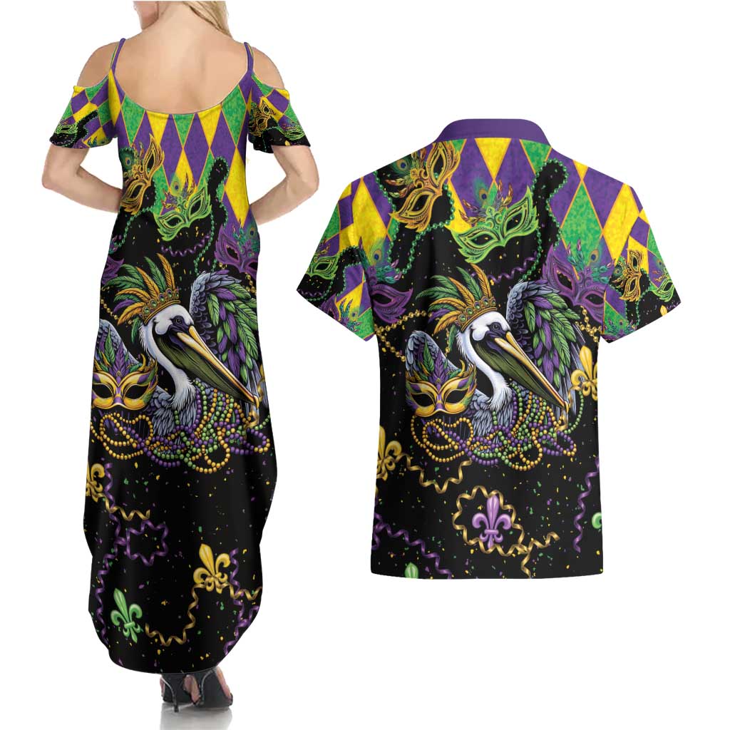 Mardi Gras Pelican Couples Matching Summer Maxi Dress and Hawaiian Shirt On Tuesdays We Wear Beads - Wonder Print Shop