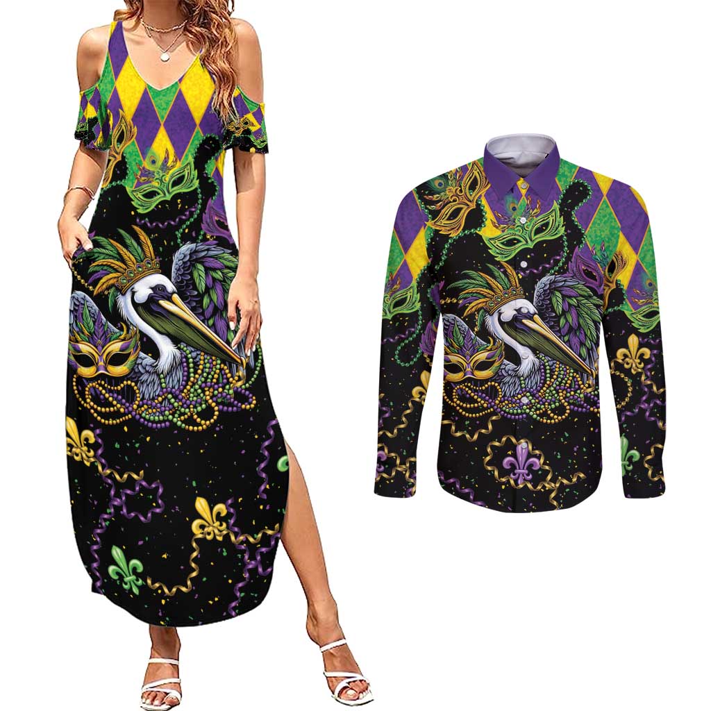 Mardi Gras Pelican Couples Matching Summer Maxi Dress and Long Sleeve Button Shirt On Tuesdays We Wear Beads - Wonder Print Shop