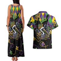 Mardi Gras Pelican Couples Matching Tank Maxi Dress and Hawaiian Shirt On Tuesdays We Wear Beads - Wonder Print Shop