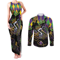 Mardi Gras Pelican Couples Matching Tank Maxi Dress and Long Sleeve Button Shirt On Tuesdays We Wear Beads - Wonder Print Shop