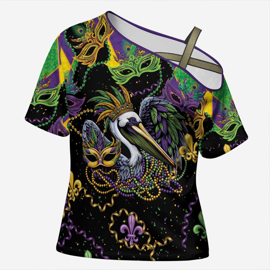Mardi Gras Pelican Cross Shoulder Shirt On Tuesdays We Wear Beads - Wonder Print Shop