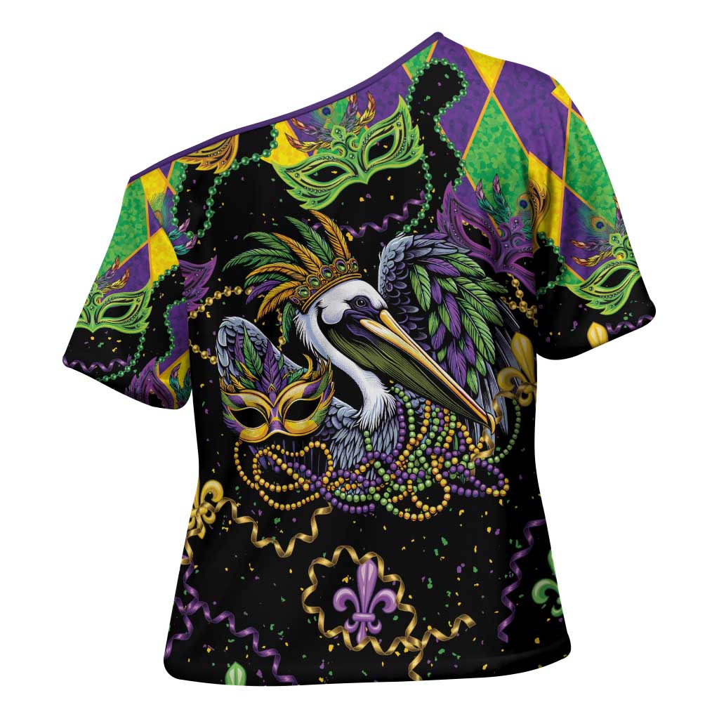 Mardi Gras Pelican Cross Shoulder Shirt On Tuesdays We Wear Beads - Wonder Print Shop