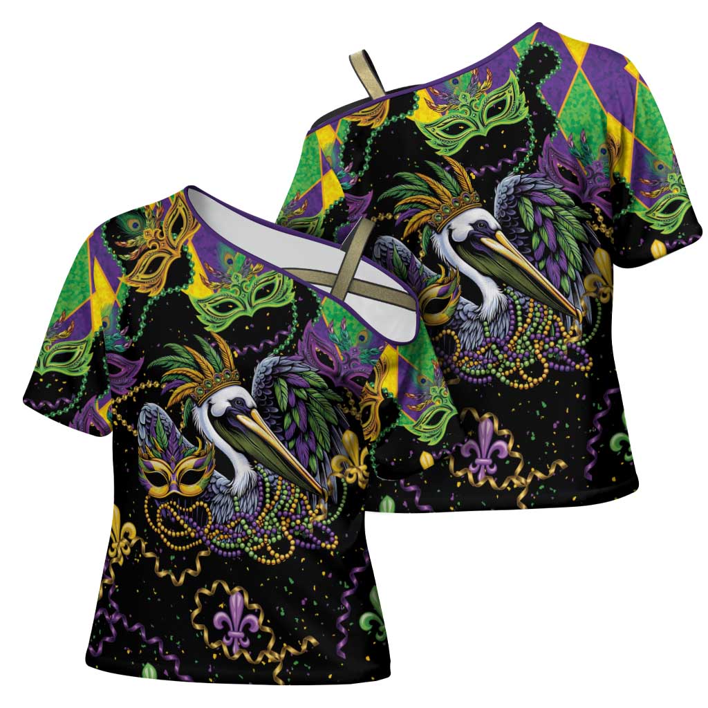 Mardi Gras Pelican Cross Shoulder Shirt On Tuesdays We Wear Beads - Wonder Print Shop