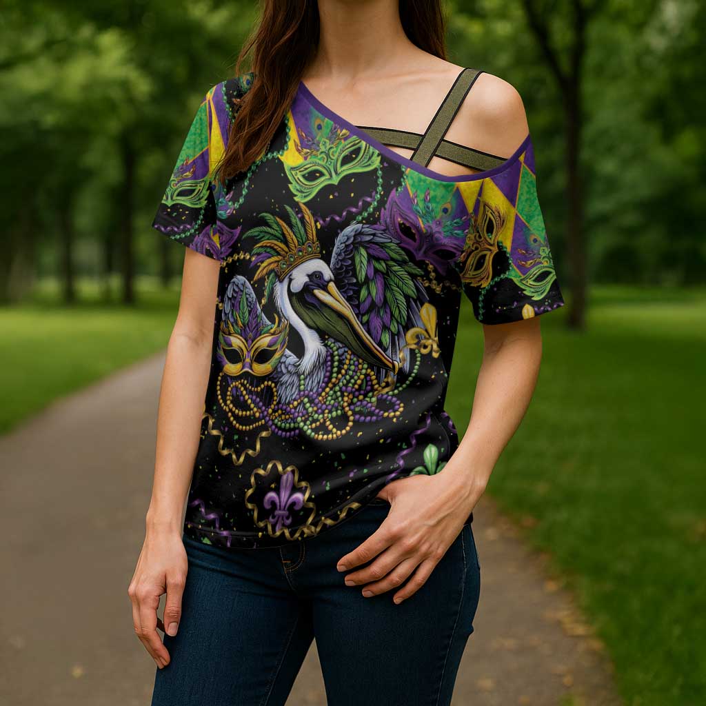Mardi Gras Pelican Cross Shoulder Shirt On Tuesdays We Wear Beads - Wonder Print Shop