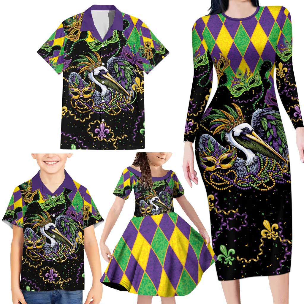 Mardi Gras Pelican Family Matching Long Sleeve Bodycon Dress and Hawaiian Shirt On Tuesdays We Wear Beads - Wonder Print Shop