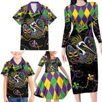 Mardi Gras Pelican Family Matching Long Sleeve Bodycon Dress and Hawaiian Shirt On Tuesdays We Wear Beads - Wonder Print Shop