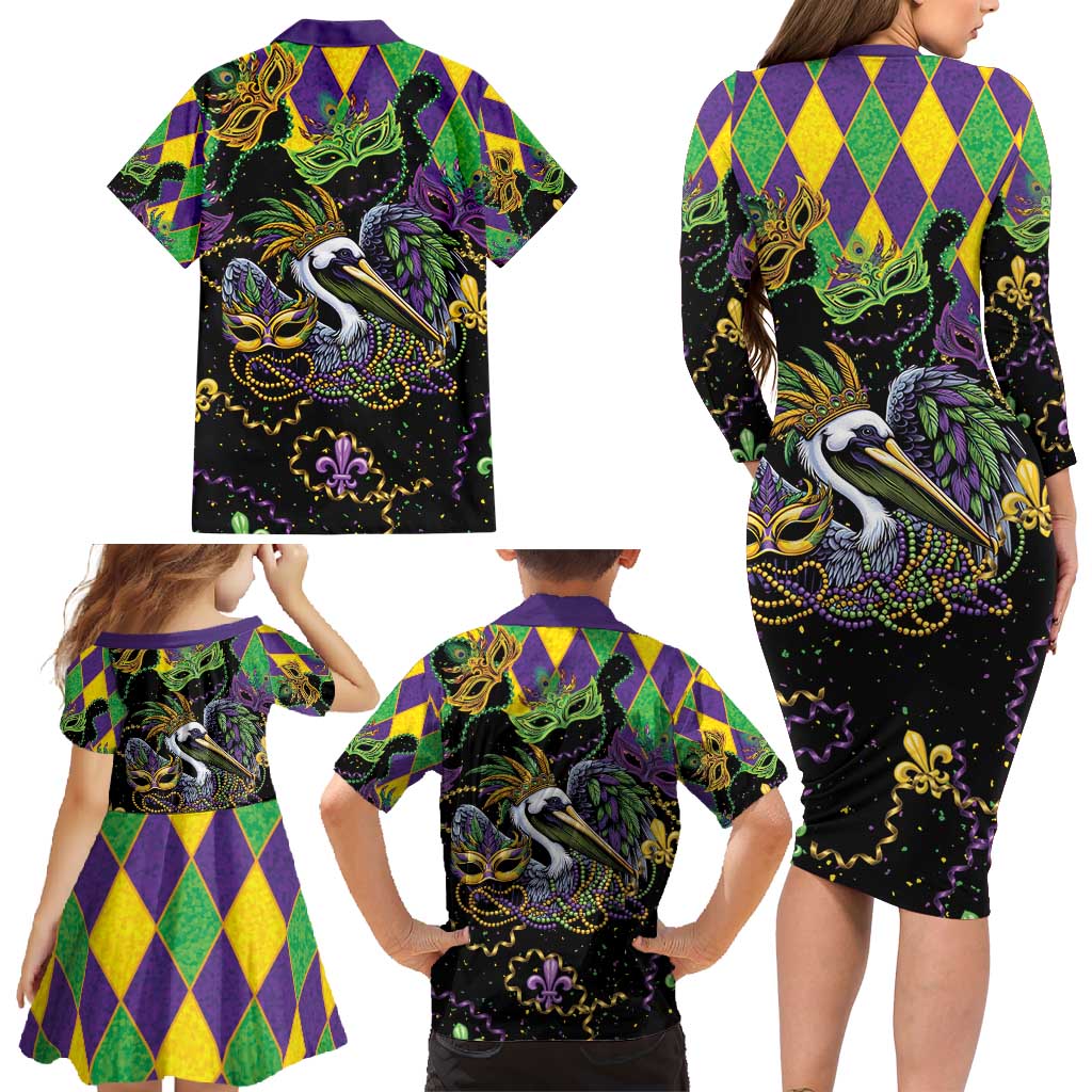 Mardi Gras Pelican Family Matching Long Sleeve Bodycon Dress and Hawaiian Shirt On Tuesdays We Wear Beads - Wonder Print Shop
