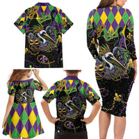 Mardi Gras Pelican Family Matching Long Sleeve Bodycon Dress and Hawaiian Shirt On Tuesdays We Wear Beads - Wonder Print Shop