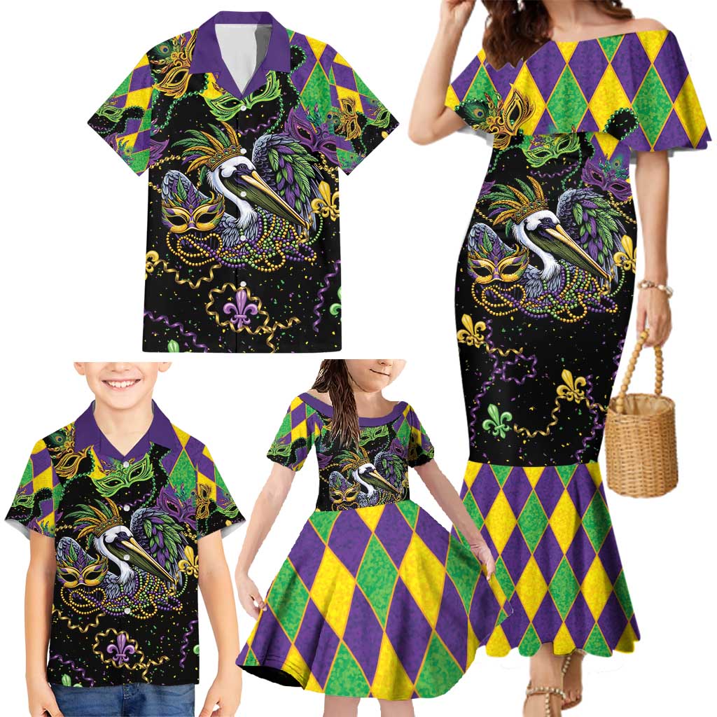 Mardi Gras Pelican Family Matching Mermaid Dress and Hawaiian Shirt On Tuesdays We Wear Beads - Wonder Print Shop