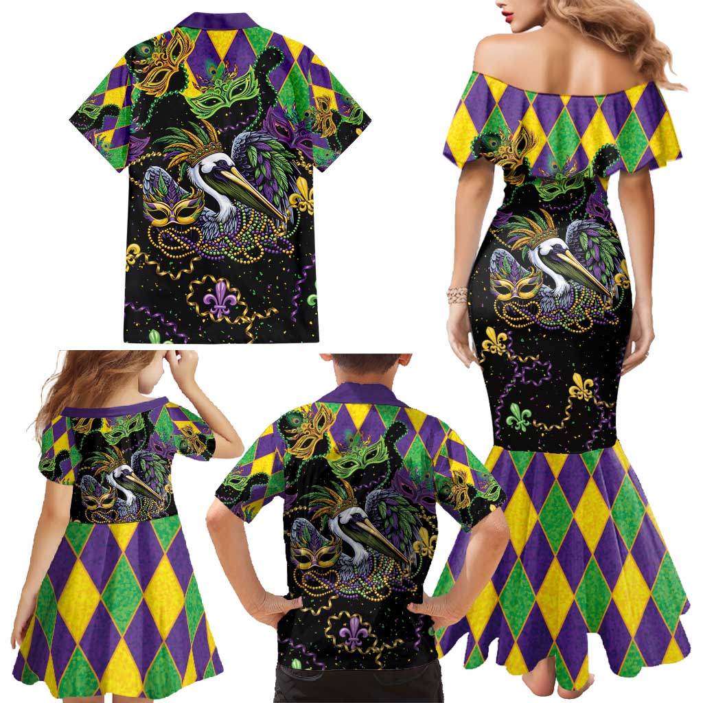 Mardi Gras Pelican Family Matching Mermaid Dress and Hawaiian Shirt On Tuesdays We Wear Beads - Wonder Print Shop