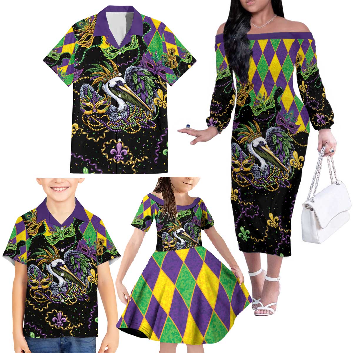 Mardi Gras Pelican Family Matching Off The Shoulder Long Sleeve Dress and Hawaiian Shirt On Tuesdays We Wear Beads - Wonder Print Shop