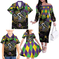 Mardi Gras Pelican Family Matching Off The Shoulder Long Sleeve Dress and Hawaiian Shirt On Tuesdays We Wear Beads - Wonder Print Shop