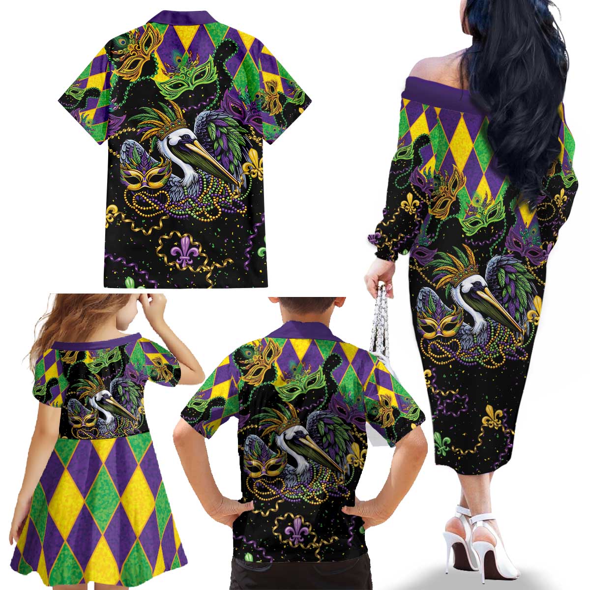 Mardi Gras Pelican Family Matching Off The Shoulder Long Sleeve Dress and Hawaiian Shirt On Tuesdays We Wear Beads - Wonder Print Shop