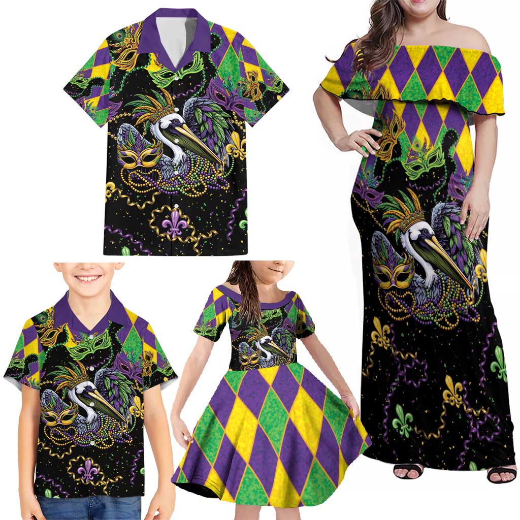 Mardi Gras Pelican Family Matching Off Shoulder Maxi Dress and Hawaiian Shirt On Tuesdays We Wear Beads - Wonder Print Shop