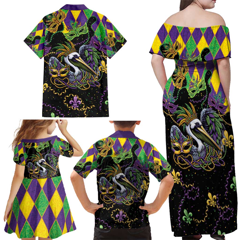 Mardi Gras Pelican Family Matching Off Shoulder Maxi Dress and Hawaiian Shirt On Tuesdays We Wear Beads - Wonder Print Shop
