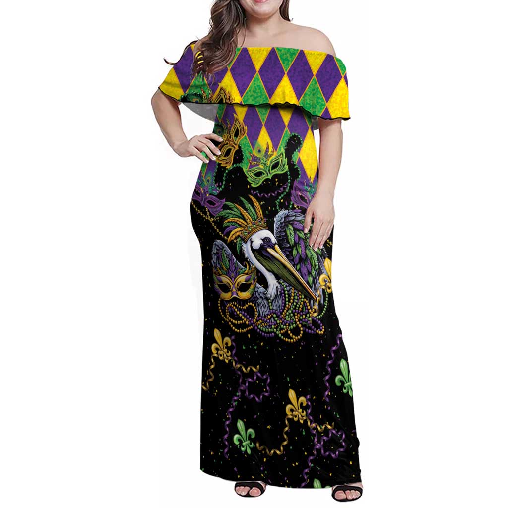 Mardi Gras Pelican Family Matching Off Shoulder Maxi Dress and Hawaiian Shirt On Tuesdays We Wear Beads - Wonder Print Shop