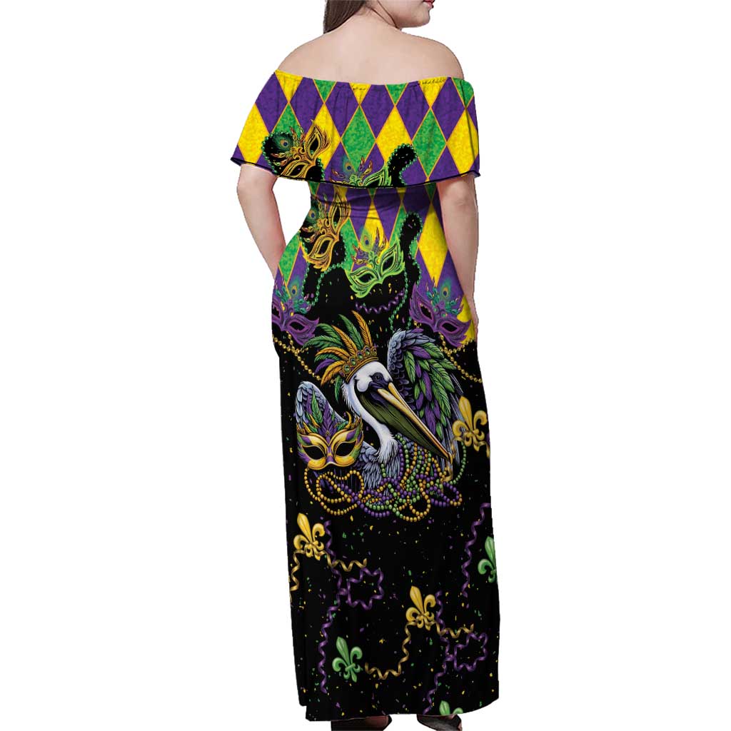 Mardi Gras Pelican Family Matching Off Shoulder Maxi Dress and Hawaiian Shirt On Tuesdays We Wear Beads - Wonder Print Shop