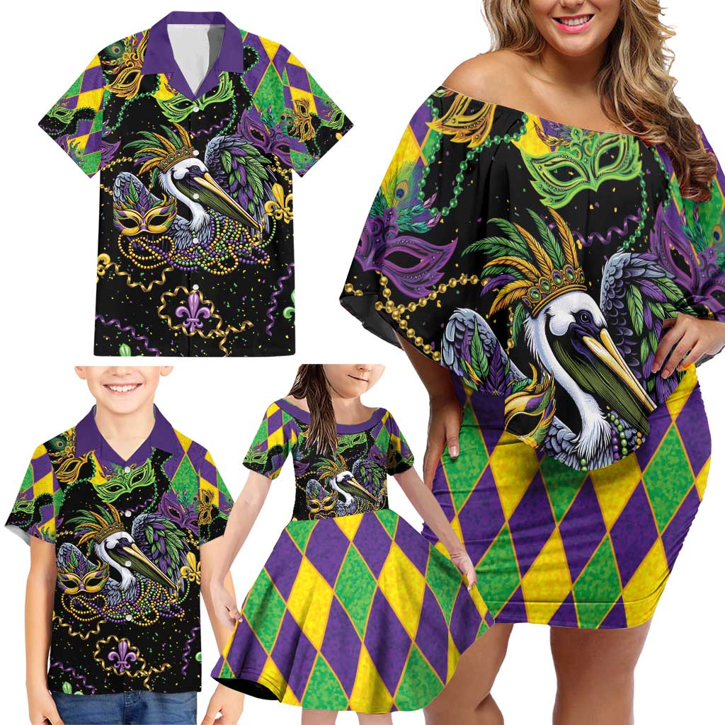 Mardi Gras Pelican Family Matching Off Shoulder Short Dress and Hawaiian Shirt On Tuesdays We Wear Beads - Wonder Print Shop