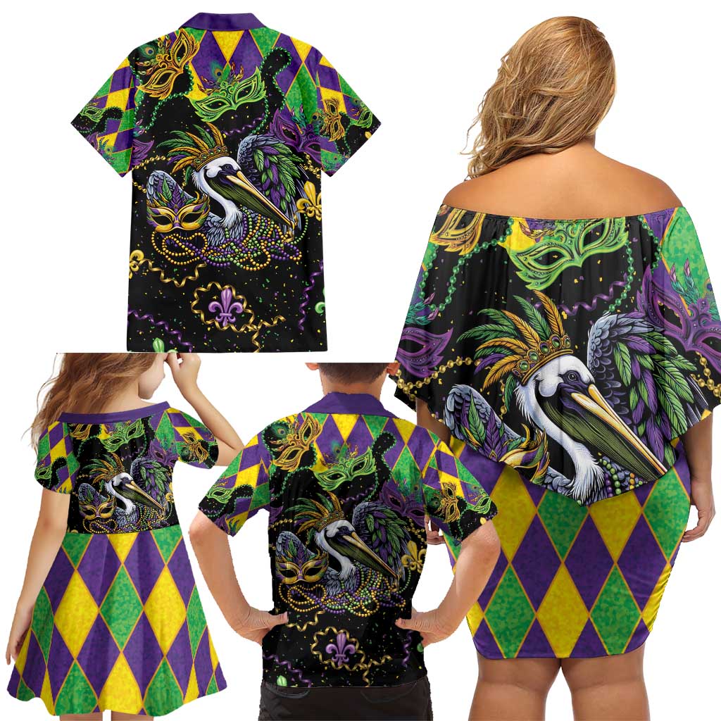 Mardi Gras Pelican Family Matching Off Shoulder Short Dress and Hawaiian Shirt On Tuesdays We Wear Beads - Wonder Print Shop