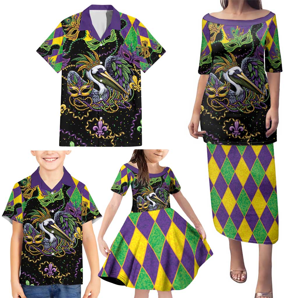 Mardi Gras Pelican Family Matching Puletasi and Hawaiian Shirt On Tuesdays We Wear Beads - Wonder Print Shop
