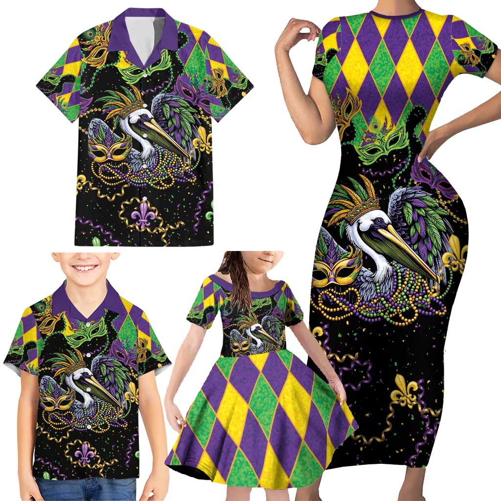 Mardi Gras Pelican Family Matching Short Sleeve Bodycon Dress and Hawaiian Shirt On Tuesdays We Wear Beads - Wonder Print Shop