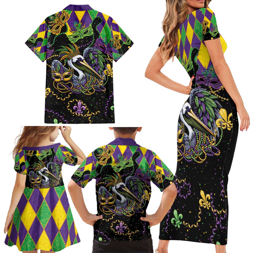 Mardi Gras Pelican Family Matching Short Sleeve Bodycon Dress and Hawaiian Shirt On Tuesdays We Wear Beads - Wonder Print Shop