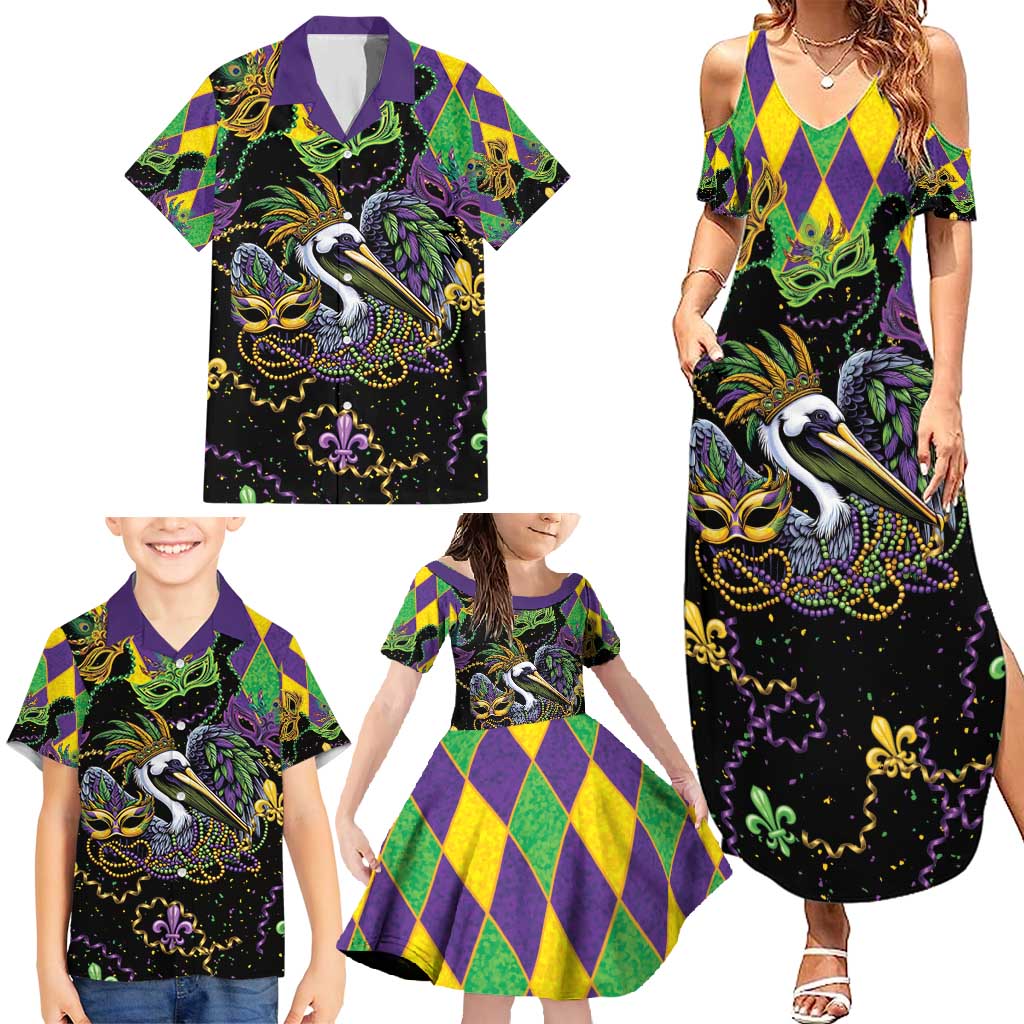 Mardi Gras Pelican Family Matching Summer Maxi Dress and Hawaiian Shirt On Tuesdays We Wear Beads - Wonder Print Shop