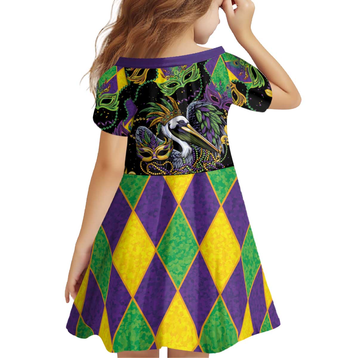 Mardi Gras Pelican Kid Short Sleeve Dress On Tuesdays We Wear Beads - Wonder Print Shop