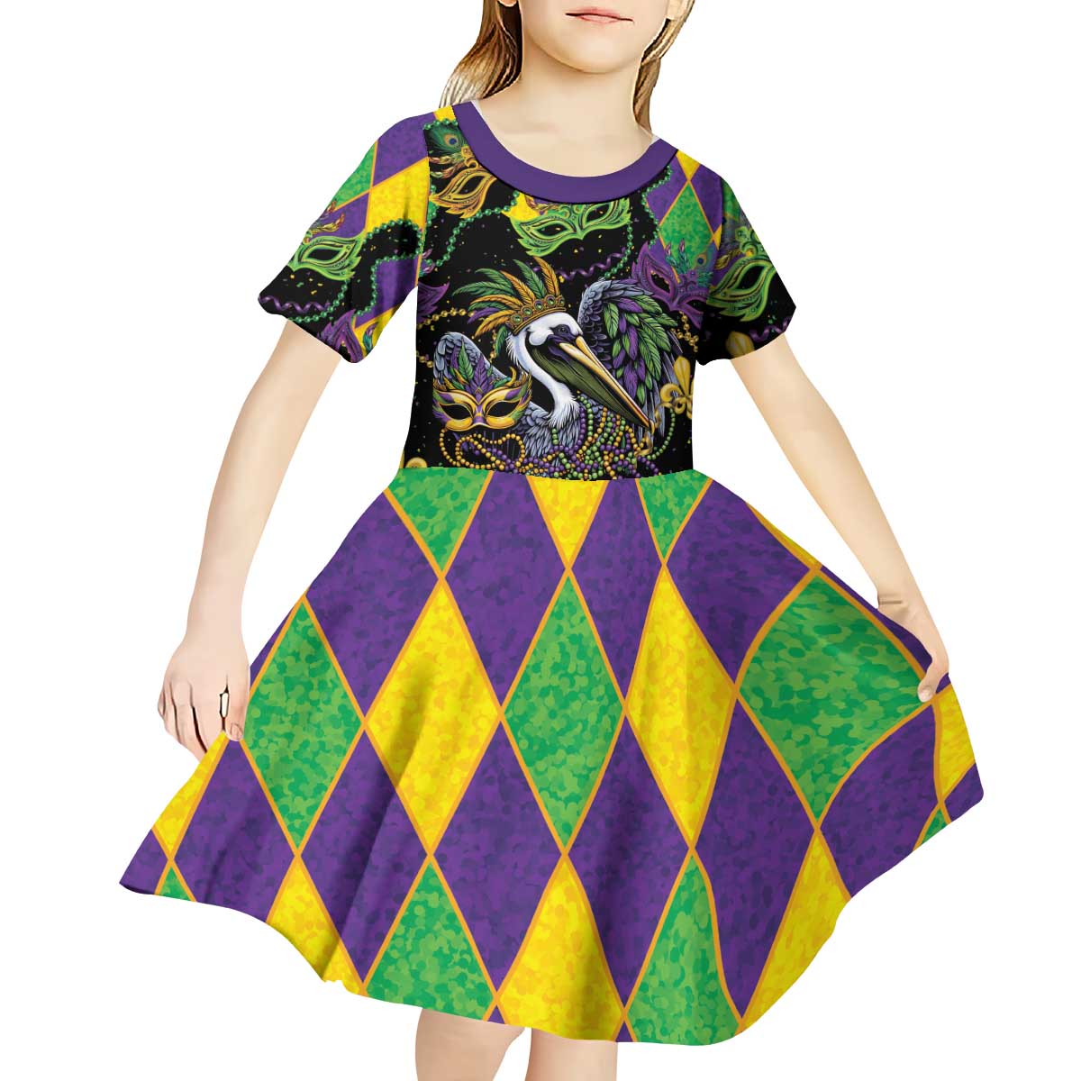Mardi Gras Pelican Kid Short Sleeve Dress On Tuesdays We Wear Beads - Wonder Print Shop