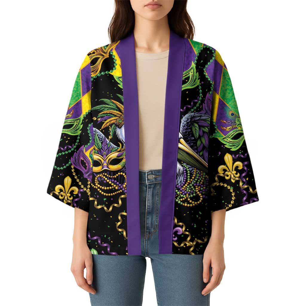 Mardi Gras Pelican Kimono On Tuesdays We Wear Beads - Wonder Print Shop