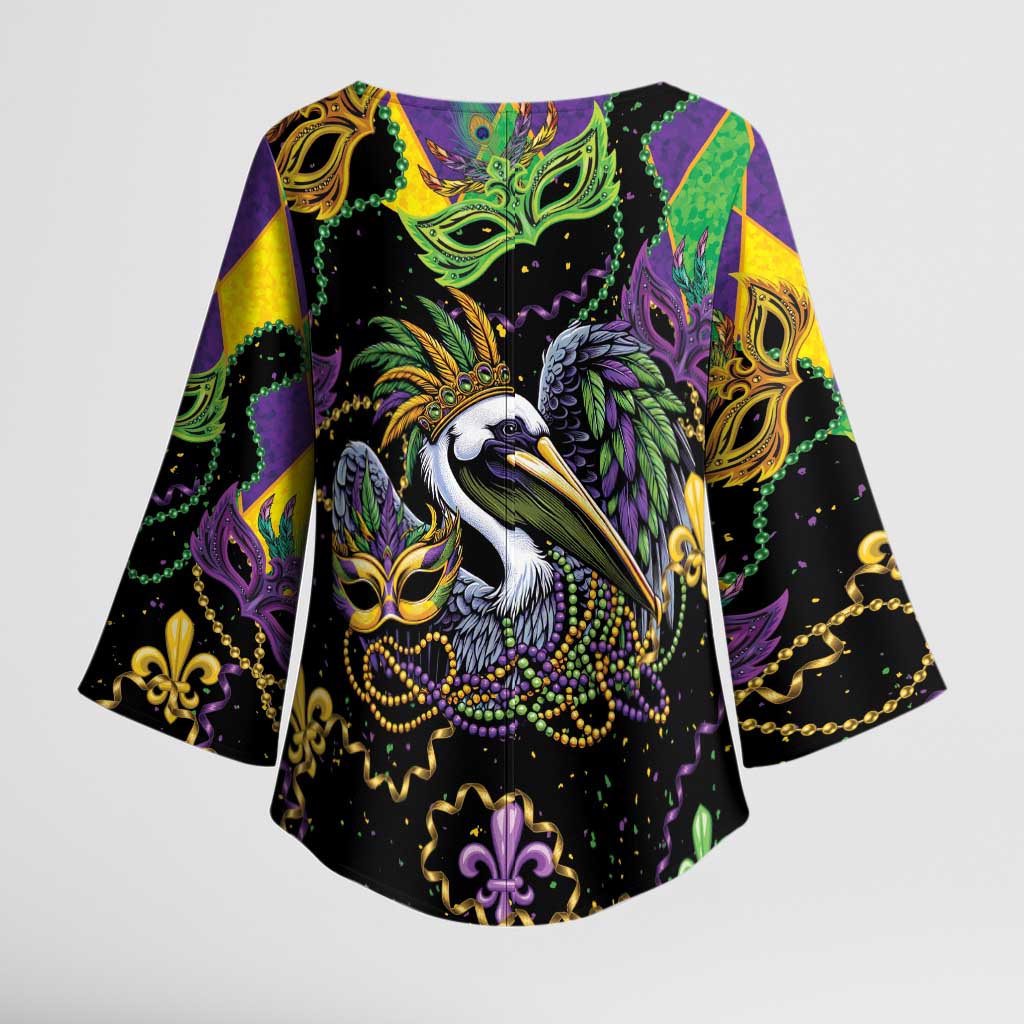 Mardi Gras Pelican Kimono Sleeve Blouse On Tuesdays We Wear Beads - Wonder Print Shop