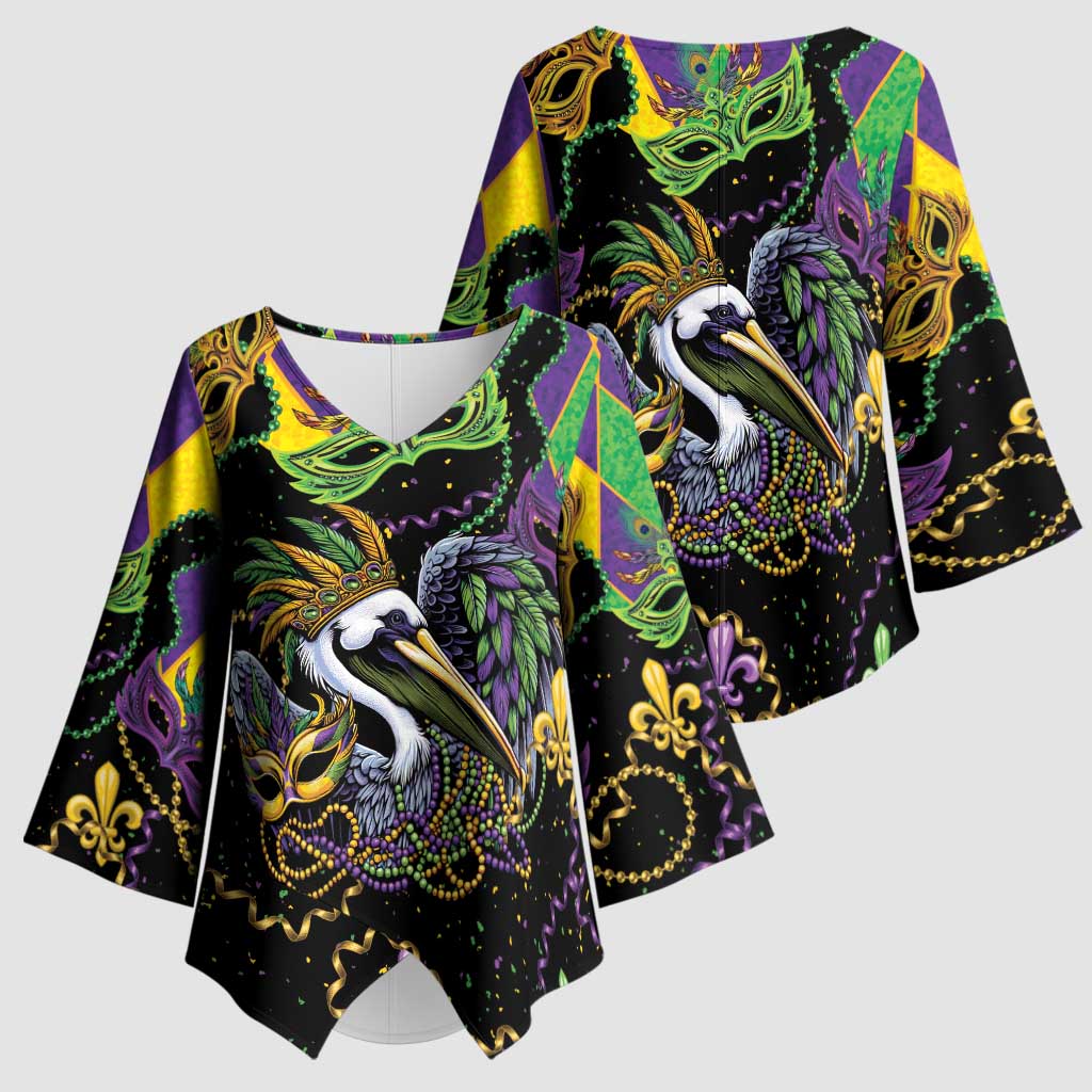 Mardi Gras Pelican Kimono Sleeve Blouse On Tuesdays We Wear Beads - Wonder Print Shop